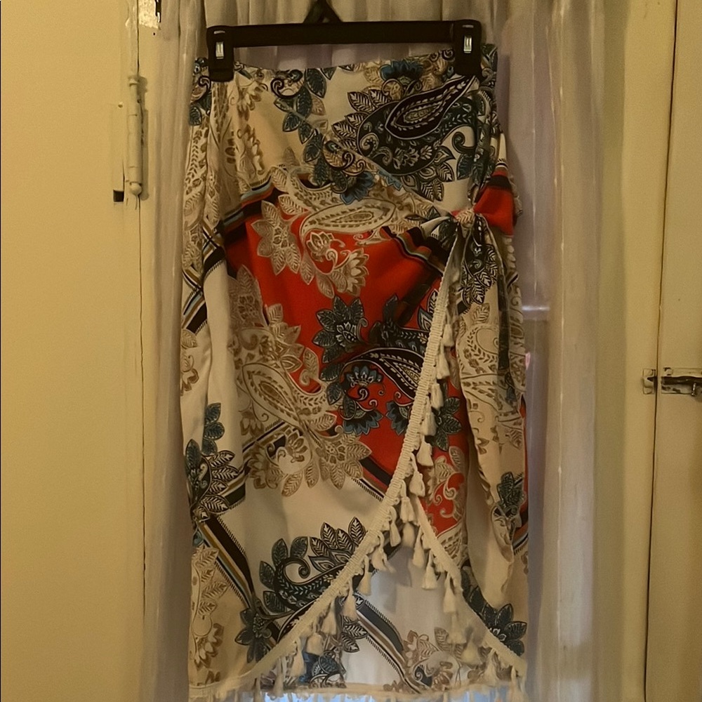 SHEIN dark blue, red, tan and White Midi Wrap Skirt S
